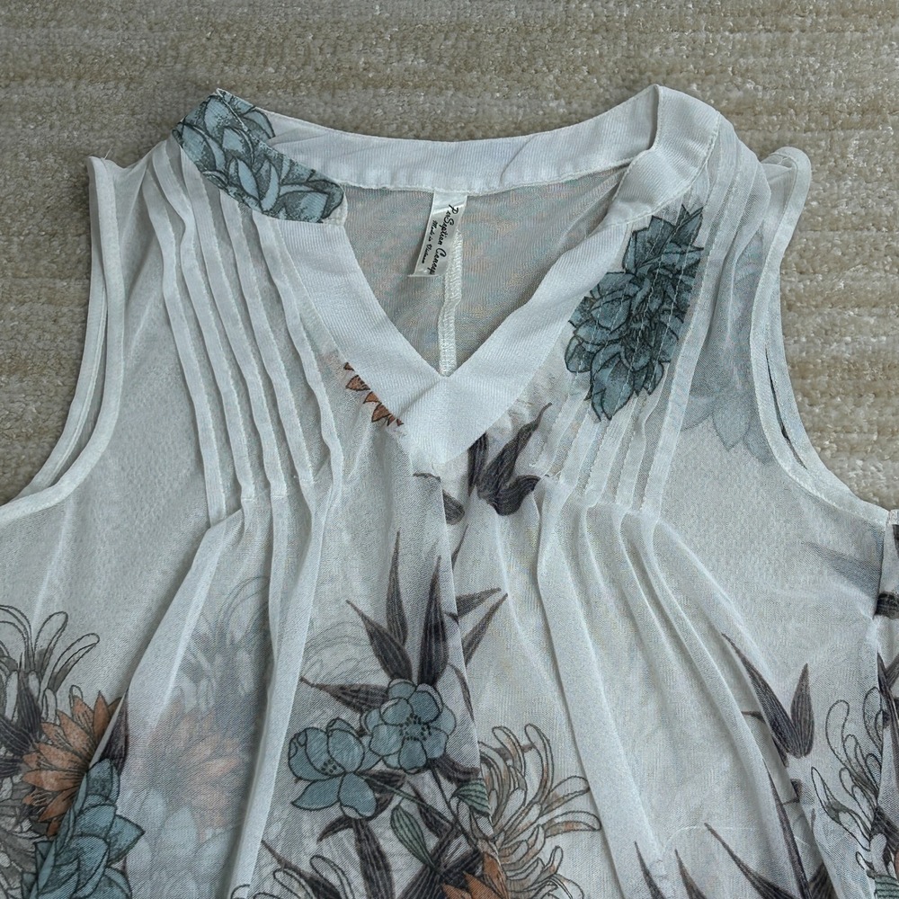 Perseption Concept Womens White Floral Mesh Sleeveless V-Neck Pleated Top Small